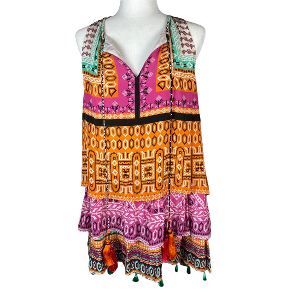 Hemant and Nandita Dress Tiered Silk Multipattern Tasseled Sleeveless Size Small - Picture 4 of 11